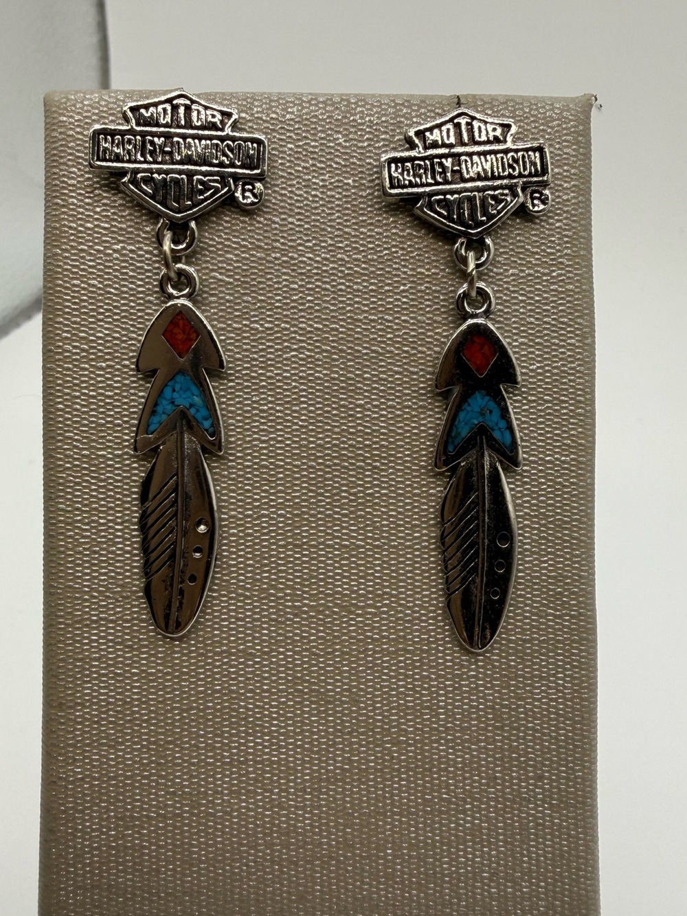 Harley-Davidson Bar & Shield Turquoise Red Feather Dangle Earrings